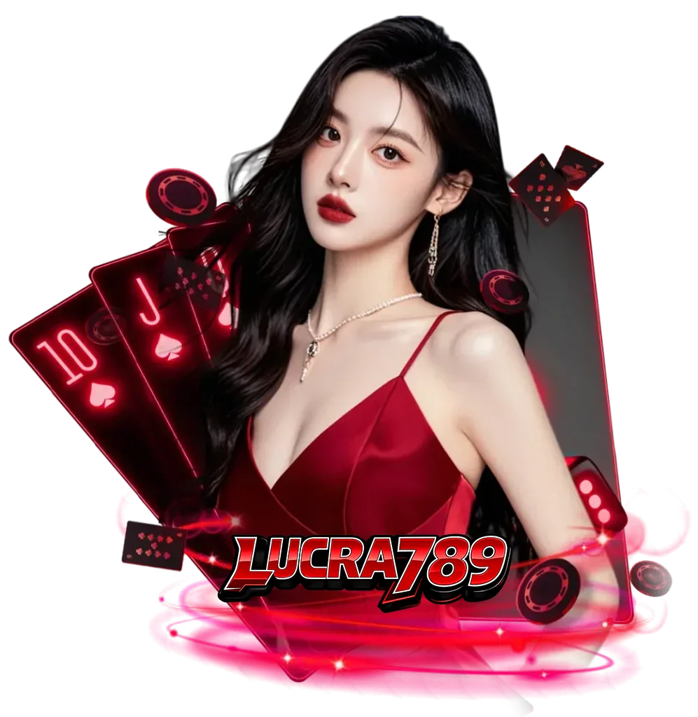ภาพผู้หญิงชุดแดงพร้อมไพ่คาสิโนและชิปเดิมพัน พร้อมโลโก้ lucra789 ใช้เป็นภาพประกอบเว็บไซต์คาสิโนออนไลน์ lucra789