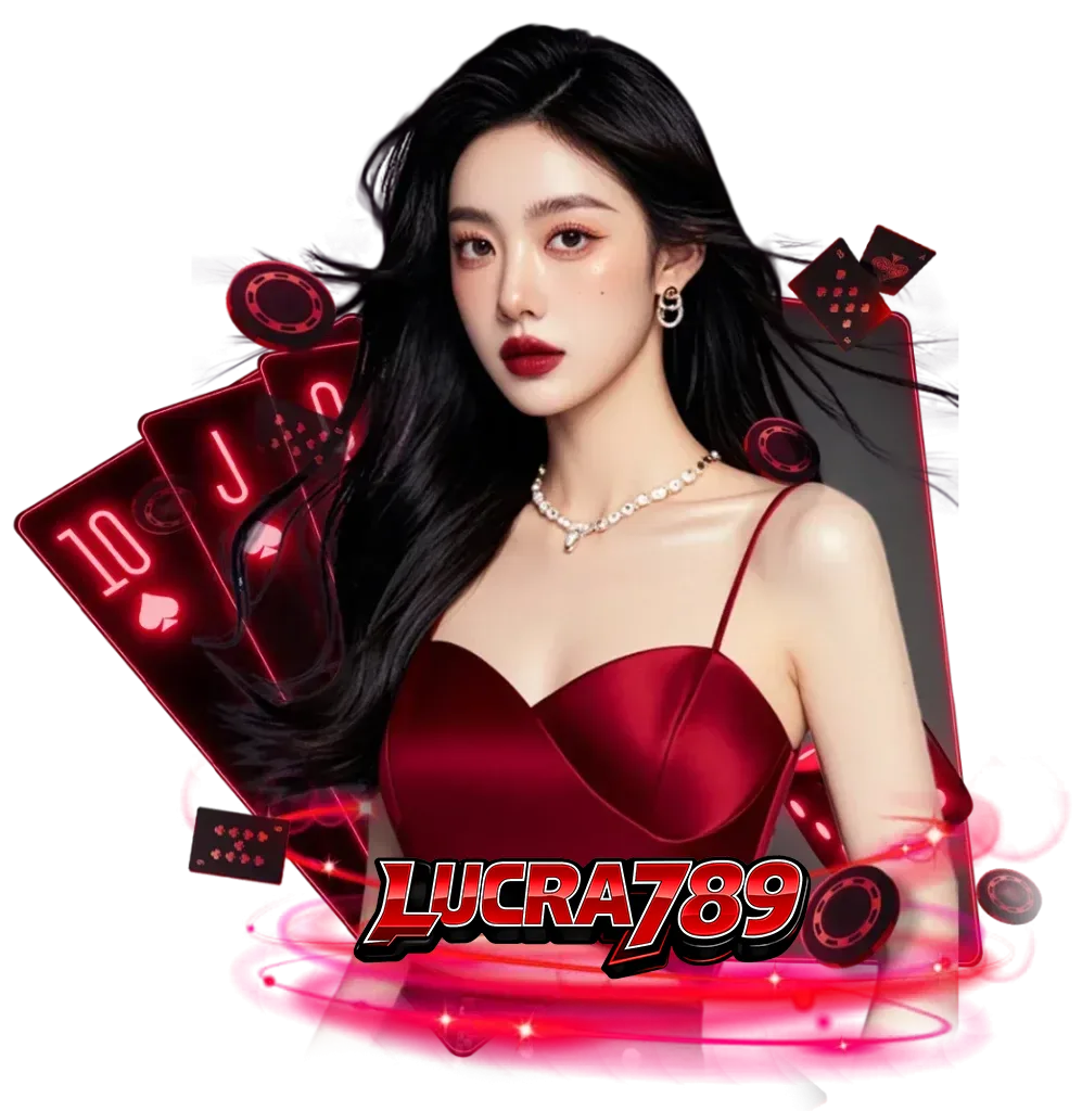ภาพผู้หญิงชุดแดงพร้อมไพ่คาสิโนและชิปเดิมพัน พร้อมโลโก้ lucra789 ใช้เป็นภาพประกอบเว็บไซต์คาสิโนออนไลน์ lucra789