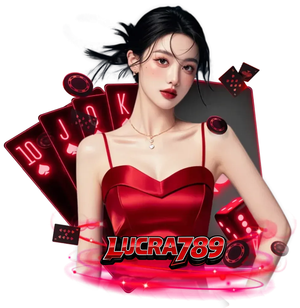 ภาพผู้หญิงชุดแดงพร้อมไพ่คาสิโน ลูกเต๋า และชิปเดิมพัน พร้อมโลโก้ lucra789 ใช้เป็นภาพประกอบเว็บไซต์คาสิโนออนไลน์ lucra789